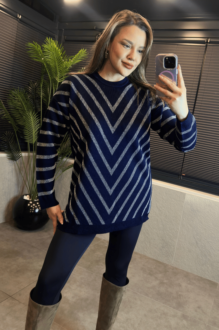 Lacivert Simli Bisiklet Yaka Oversize Uzun Kazak