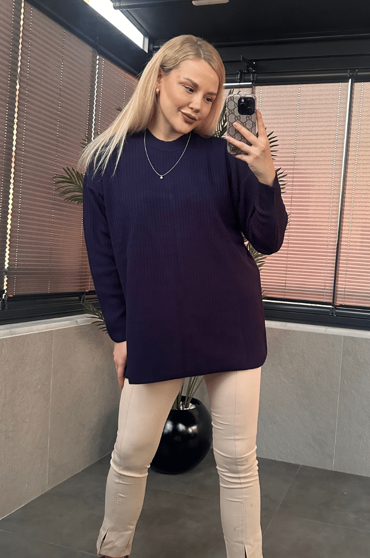 Lacivert Yarı Boğazlı Fitilli Oversize Kazak