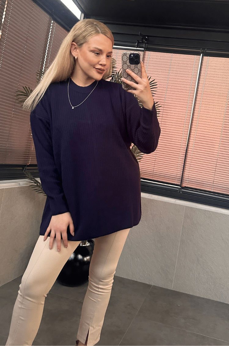 Lacivert Yarı Boğazlı Fitilli Oversize Kazak