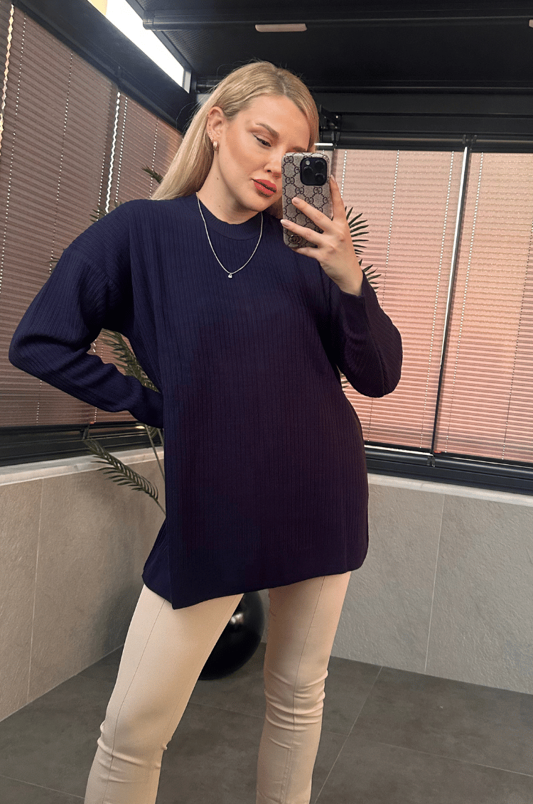 Lacivert Yarı Boğazlı Fitilli Oversize Kazak