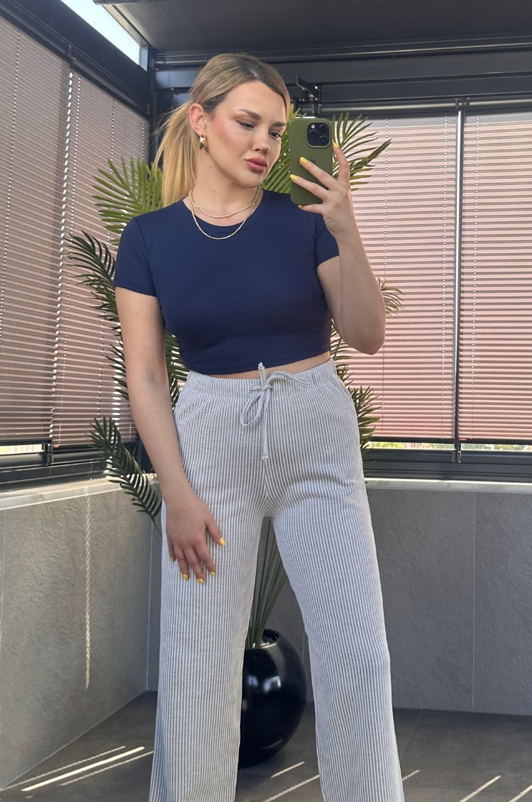 Lacivert Yarım Kollu Slim Basic Crop 