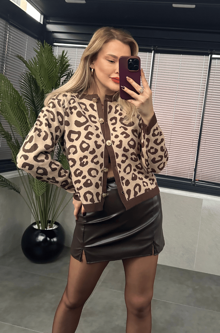 Leopar Gold Düğmeli Kısa Hırka