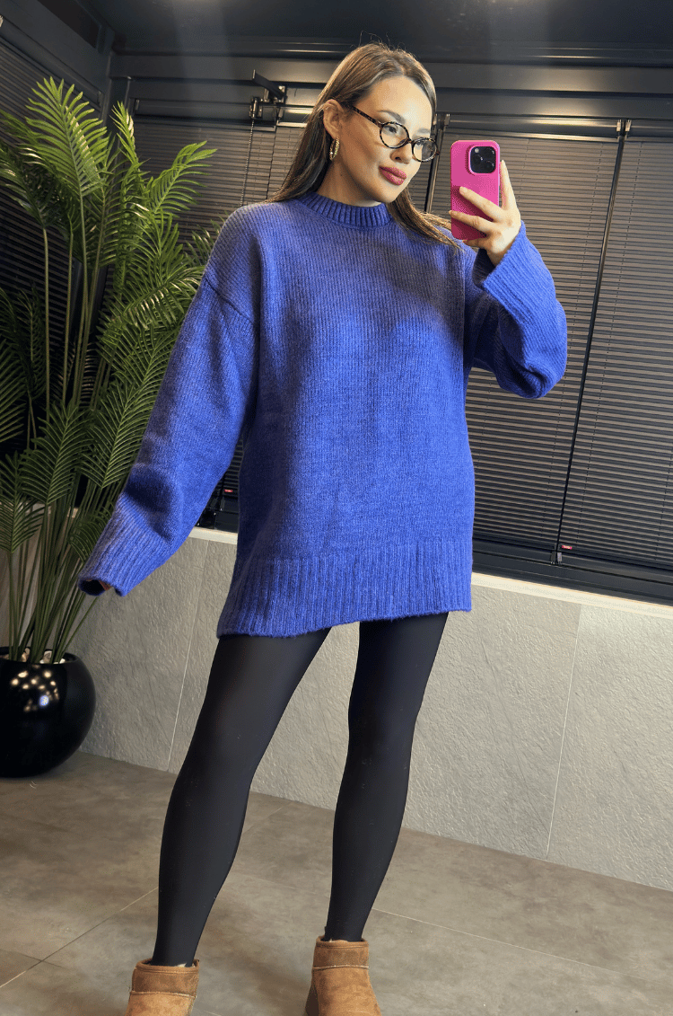 Mavi Oversize Bisiklet Yaka Yumoş Uzun Kazak