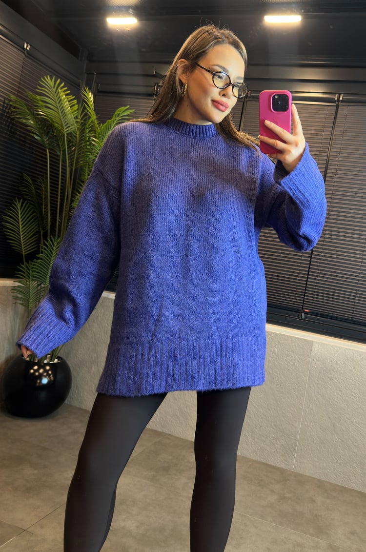 Mavi Oversize Bisiklet Yaka Yumoş Uzun Kazak