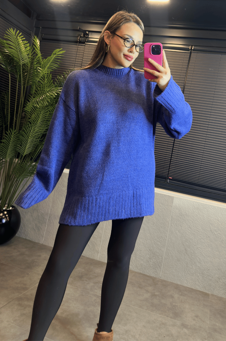 Mavi Oversize Bisiklet Yaka Yumoş Uzun Kazak