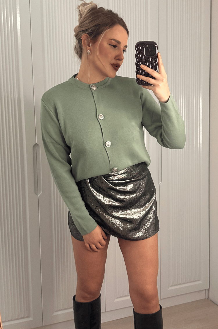 Mint Yeşili Gümüş Düğmeli Hırka