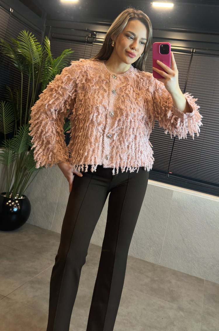 Pembe Bisiklet Yaka Saçaklı Hırka