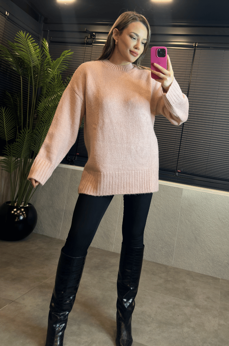 Pembe Oversize Bisiklet Yaka Yumoş Uzun Kazak