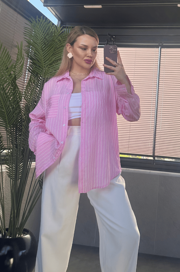 Pembe Tek Cepli Çizgili Oversize Modal Gömlek