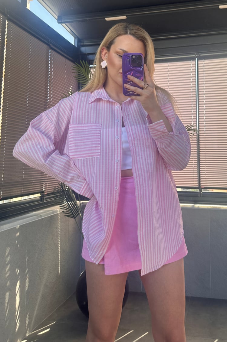 Pembe Tek Cepli Çizgili Oversize Modal Keten Gömlek