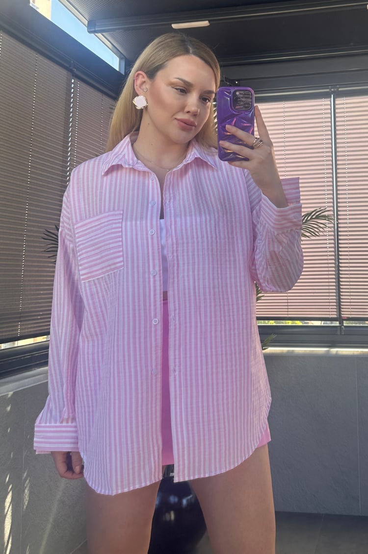 Pembe Tek Cepli Çizgili Oversize Modal Keten Gömlek