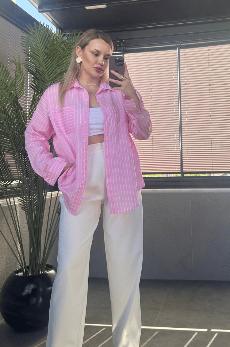 Pembe Tek Cepli Çizgili Oversize Modal Gömlek
