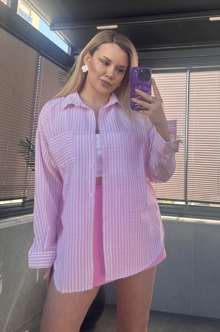 Pembe Tek Cepli Çizgili Oversize Modal Keten Gömlek