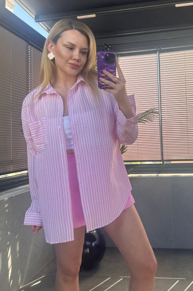 Pembe Tek Cepli Çizgili Oversize Modal Keten Gömlek