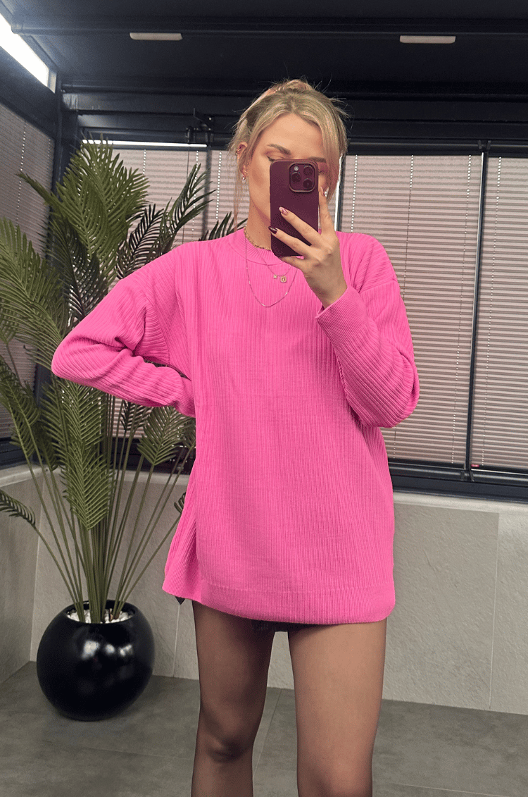 Pembe Yarı Boğazlı Fitilli Oversize Kazak