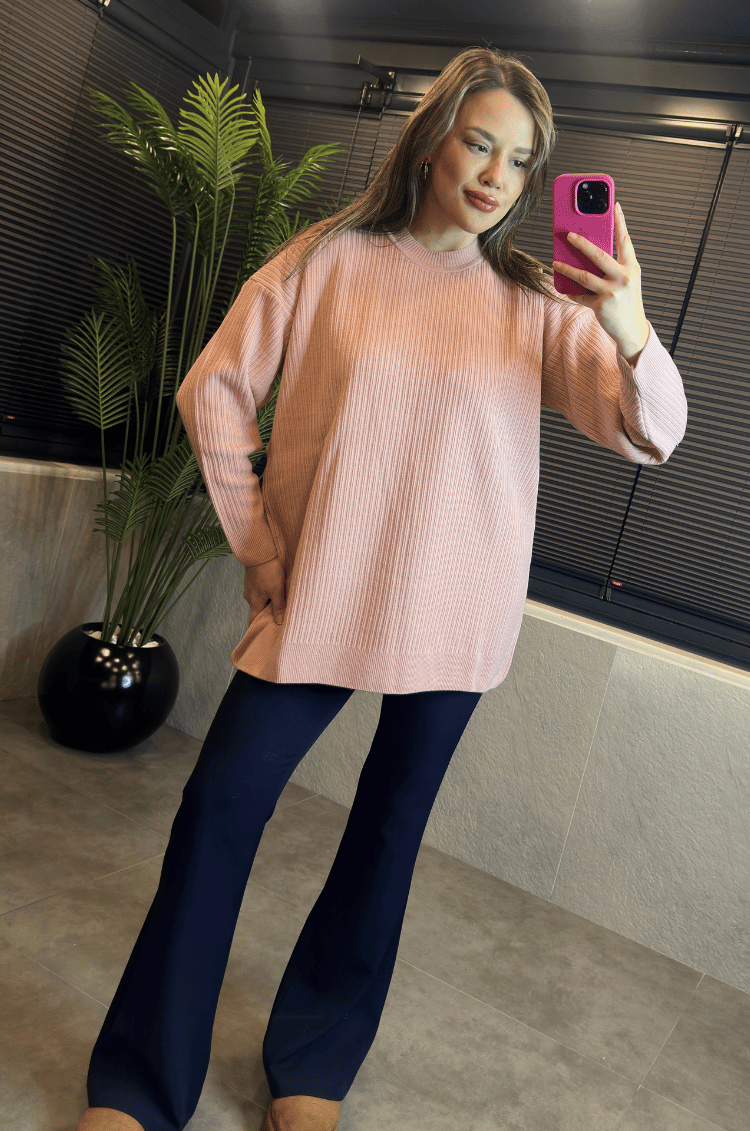 Pembe Yarı Boğazlı Fitilli Oversize Kazak 