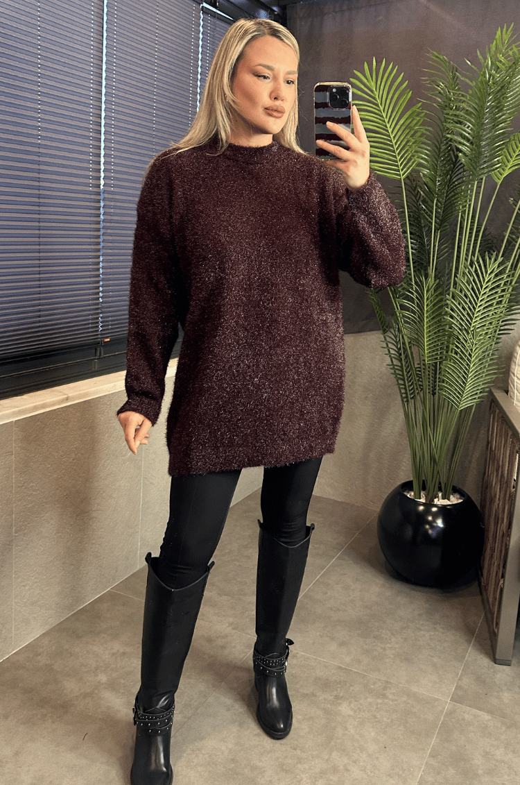 Premium Işıltı Bordo Oversize Sakallı Kazak
