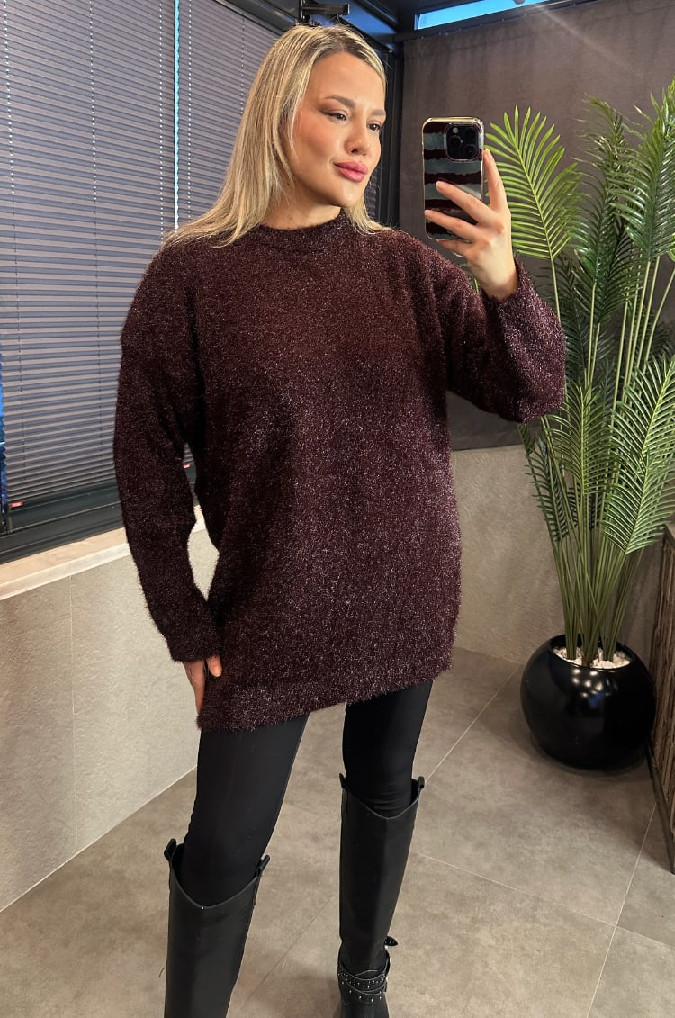 Premium Işıltı Bordo Oversize Sakallı Kazak
