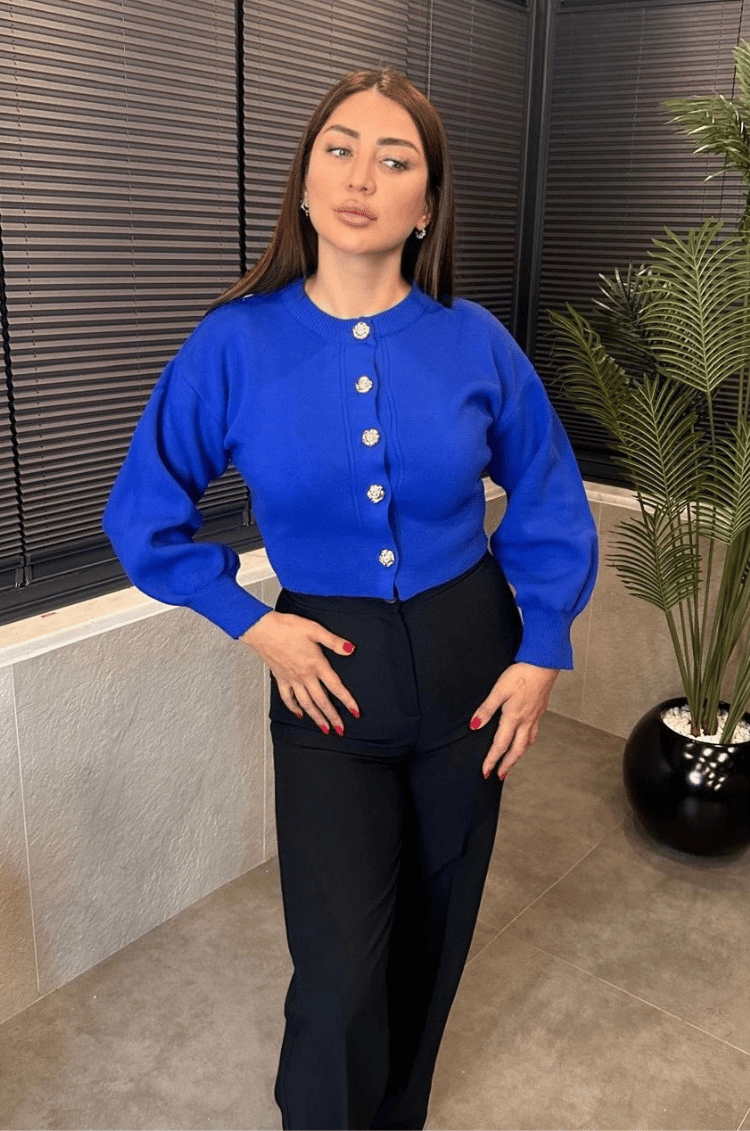 Saks Mavi Balon Kollu Çiçek Düğme Detaylı Kısa Hırka