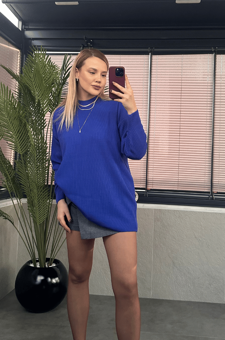 Saks Mavi Yarı Boğazlı Fitilli Oversize Kazak