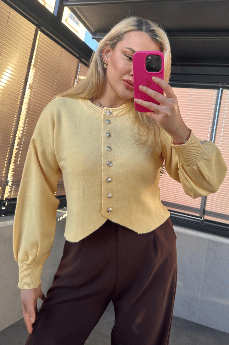 Sarı Fit Kesim Crop Hırka