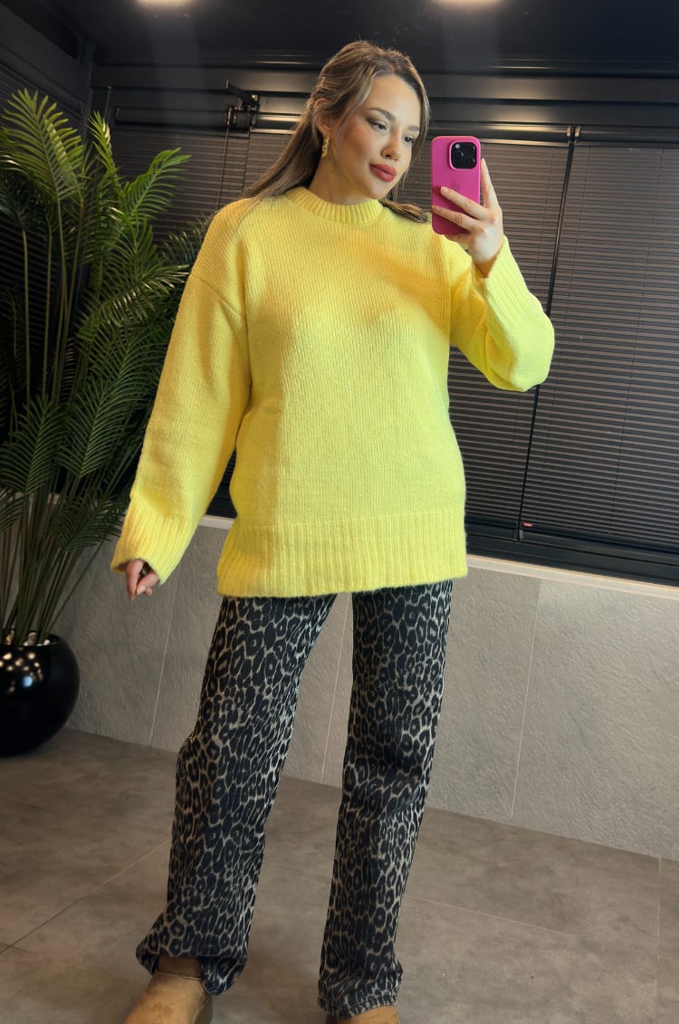 Sarı Oversize Bisiklet Yaka Yumoş Uzun Kazak
