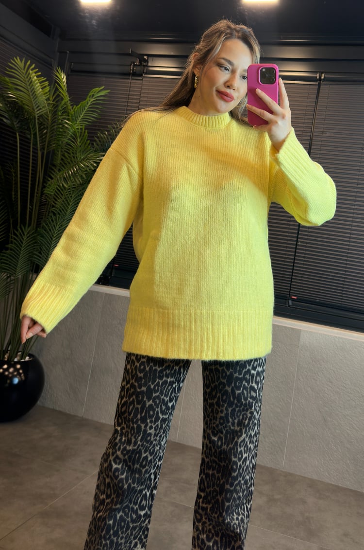Sarı Oversize Bisiklet Yaka Yumoş Uzun Kazak