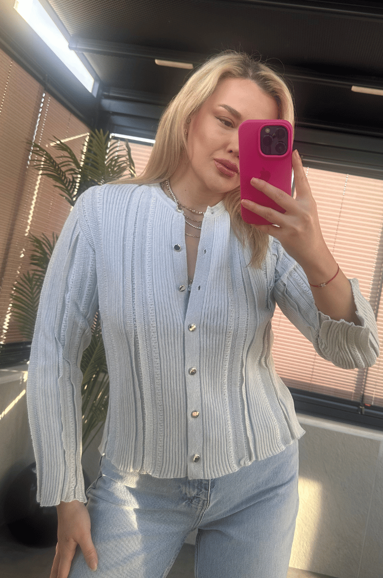 Simli İnce Dokuma Detaylı Gri Triko Hırka