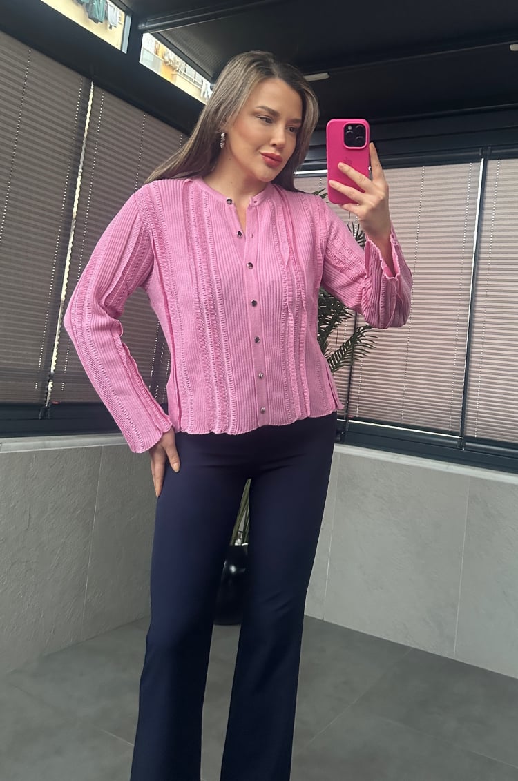 Simli İnce Dokuma Detaylı Koyu Pembe Triko Hırka