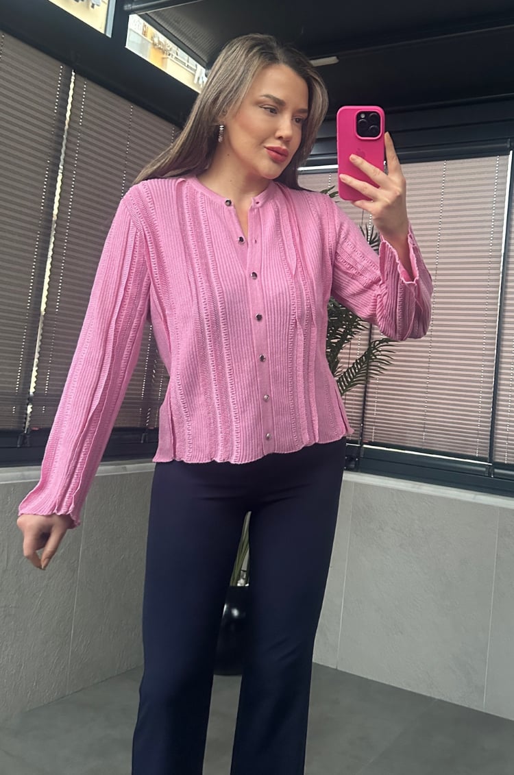 Simli İnce Dokuma Detaylı Koyu Pembe Triko Hırka