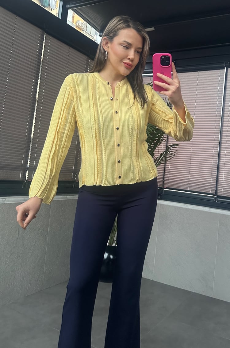 Simli İnce Dokuma Detaylı Koyu Sarı Triko Hırka