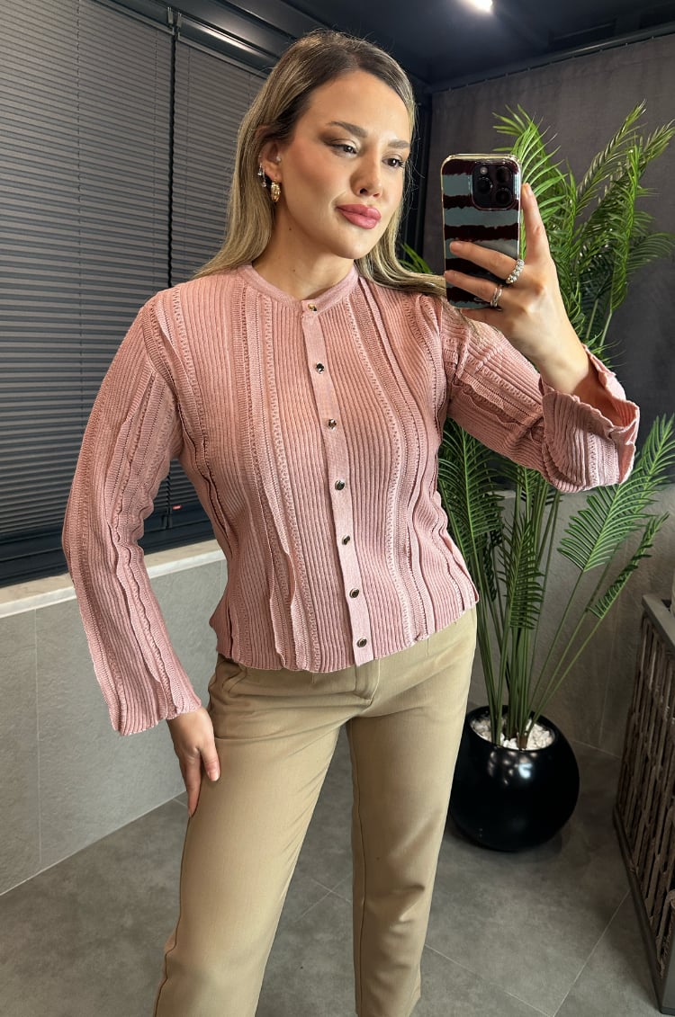 Simli İnce Dokuma Detaylı Pembe Triko Hırka
