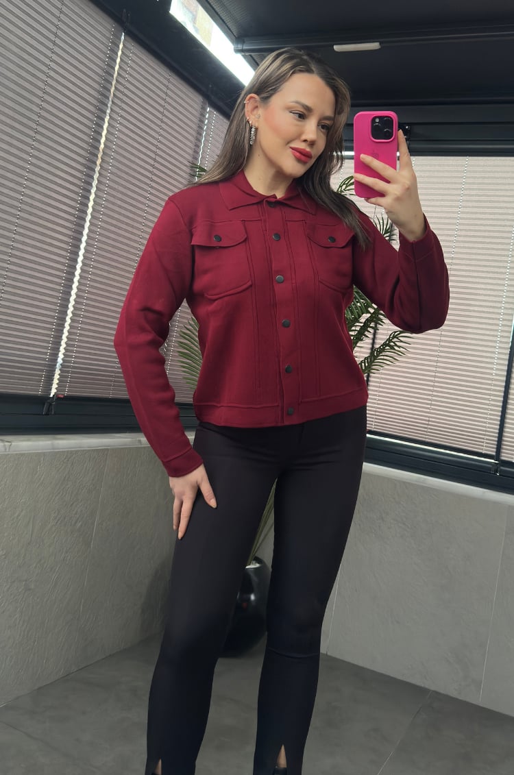 Siyah Çıtçıt Düğmeli Bordo Merserize Hırka