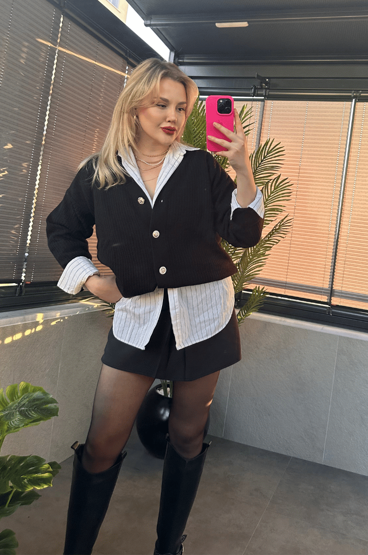 Siyah Fitilli Oversize Basic Örme Hırka
