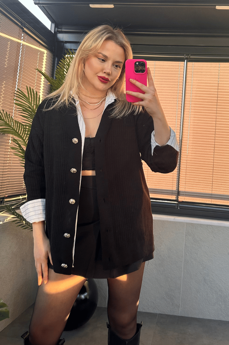 Siyah Fitilli Oversize Basic Örme Hırka