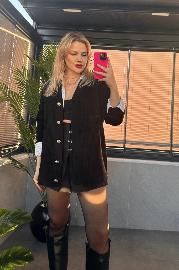 Siyah Fitilli Oversize Basic Örme Hırka