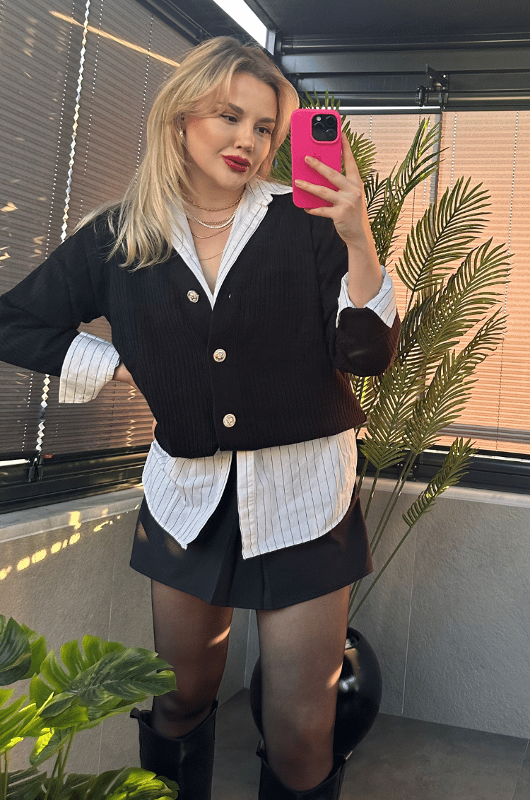 Siyah Fitilli Oversize Basic Örme Hırka