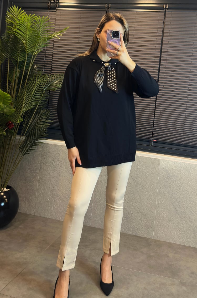 Siyah Fularlı Oversize Merserize Kazak