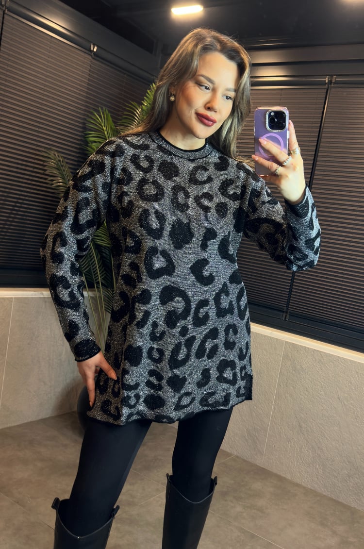 Siyah Leopar Desenli Simli Kazak