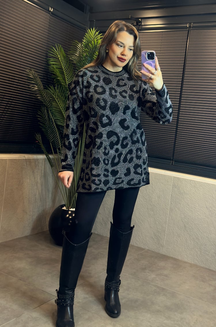 Siyah Leopar Desenli Simli Kazak