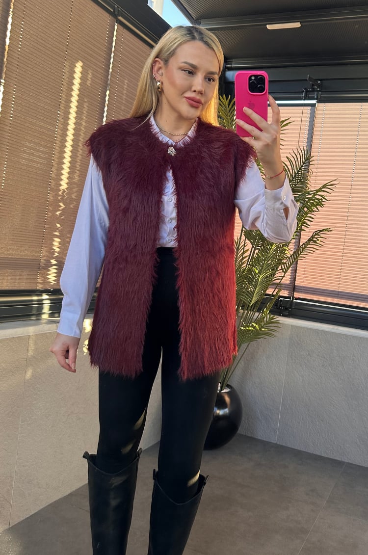 Tek Düğmeli Sakallı Bordo Yelek