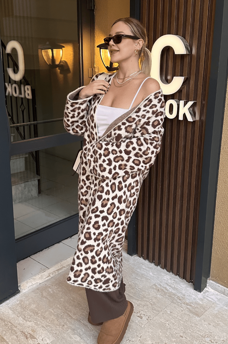 Winter Ekru Leopar Maxi Hırka