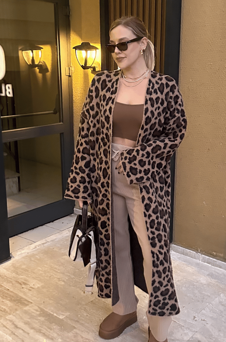 Winter Kahverengi  Leopar Maxi Hırka