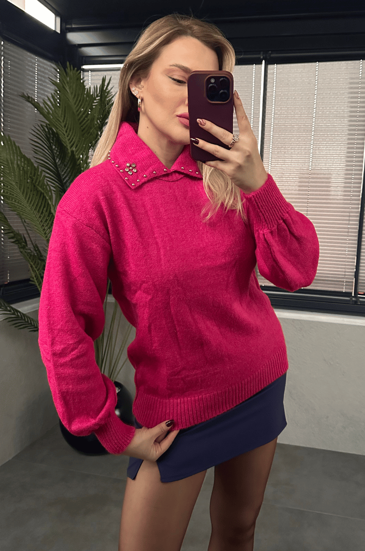 Yaka İşleme Detaylı Pembe Kazak