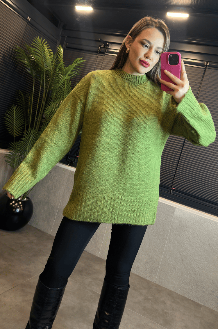 Yeşil Oversize Bisiklet Yaka Yumoş Uzun Kazak