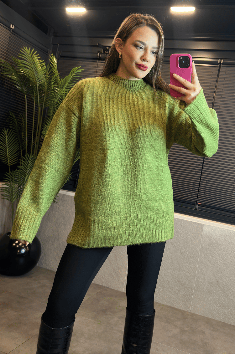 Yeşil Oversize Bisiklet Yaka Yumoş Uzun Kazak