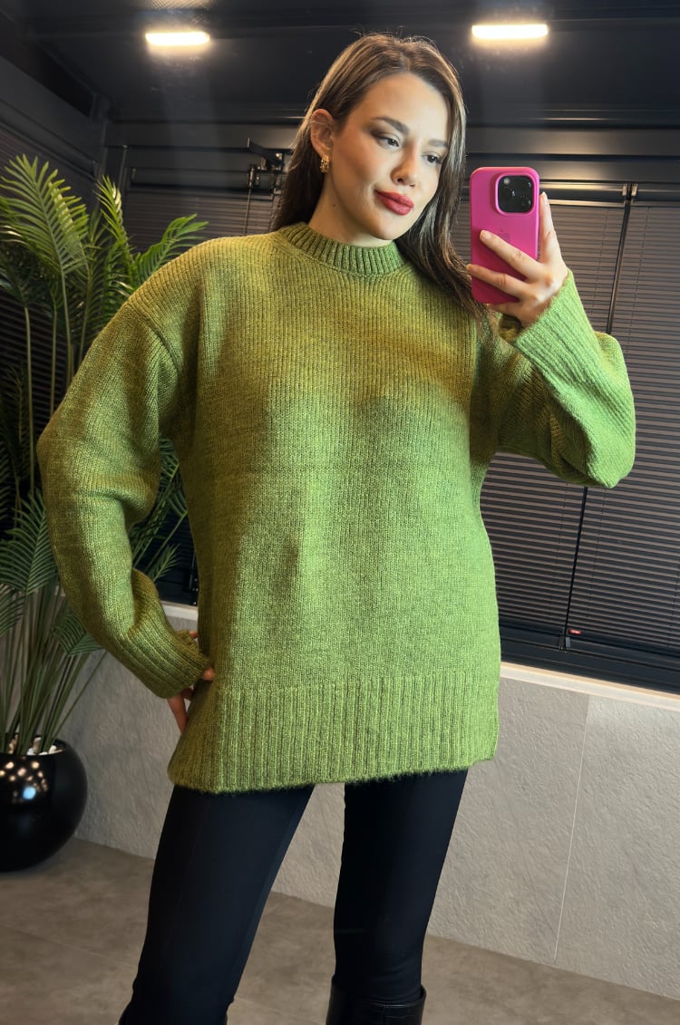Yeşil Oversize Bisiklet Yaka Yumoş Uzun Kazak