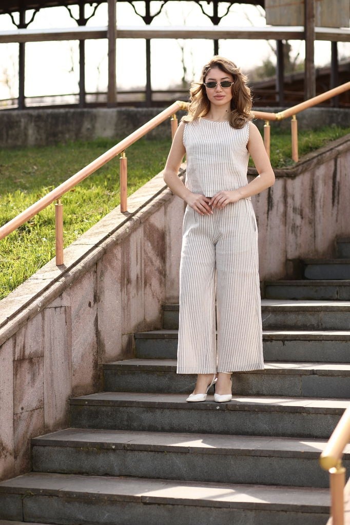 Jovina Çizgili Takım Ekru
