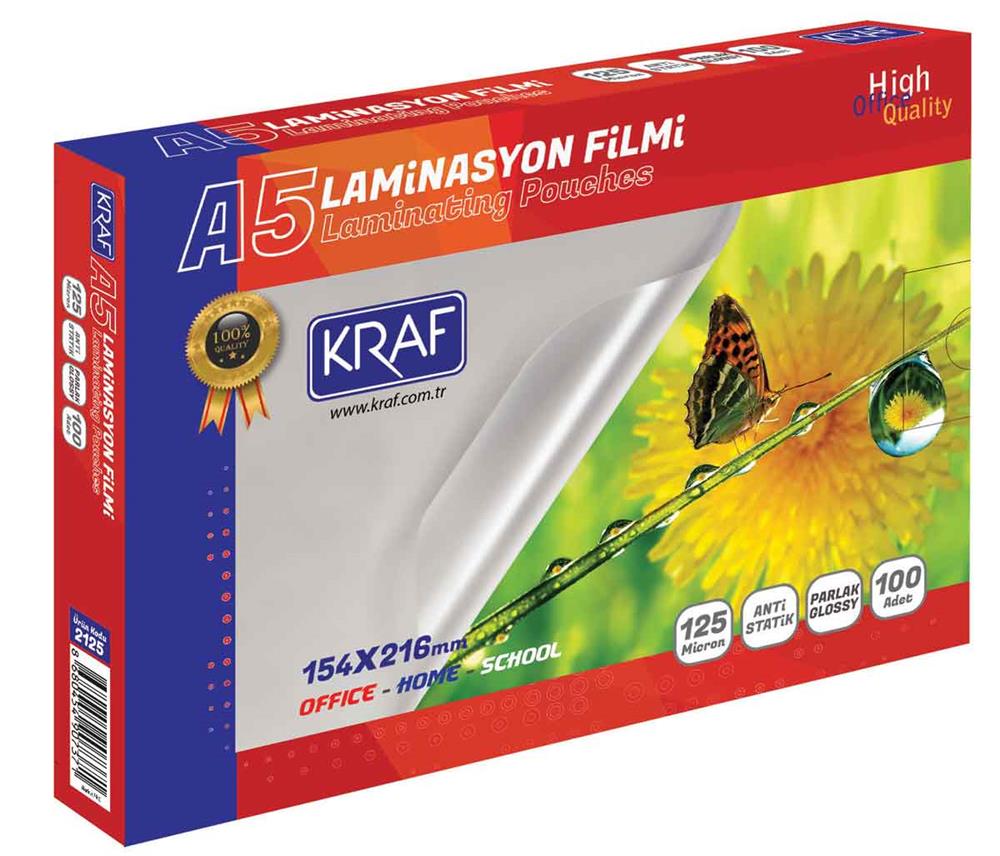 KRAF LAMİNASYON FİLMİ PARLAK A5 125 MİC 100'LÜ