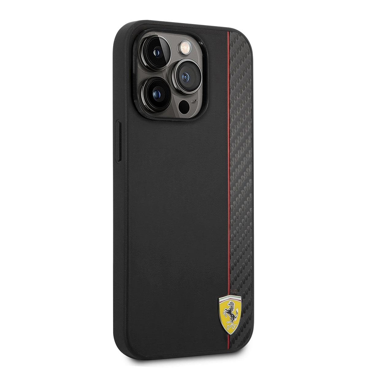 Apple iPhone 14 Pro Kılıf Ferrari M-safe Şarj Özellikli Pu Deri Ve Karbon Şeritli Dizayn Kapak